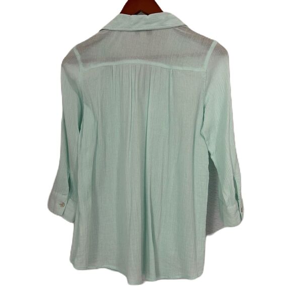 Vintage America Blouse Women S Mint Green Crinkle Pleat Lace Roll Tab Button Up - Picture 2 of 12